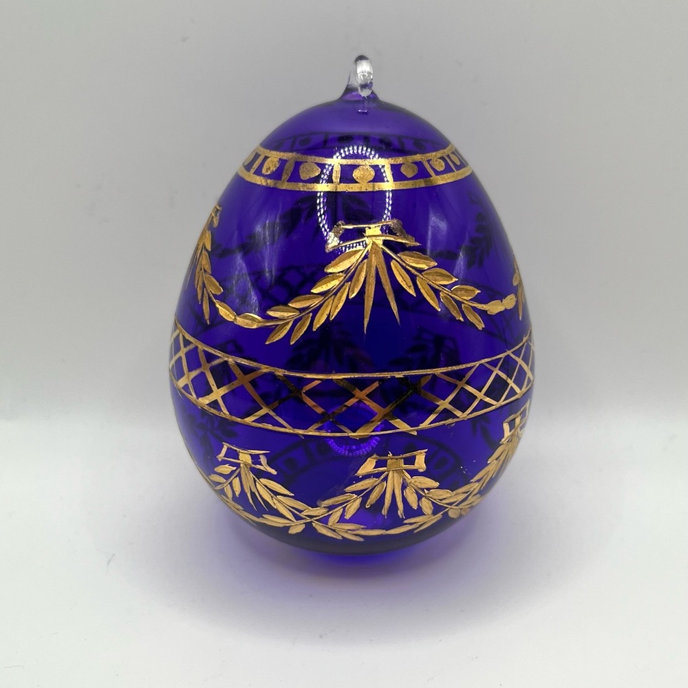 Purple Gold Etched Glass Christmas Ornament Egg Floral